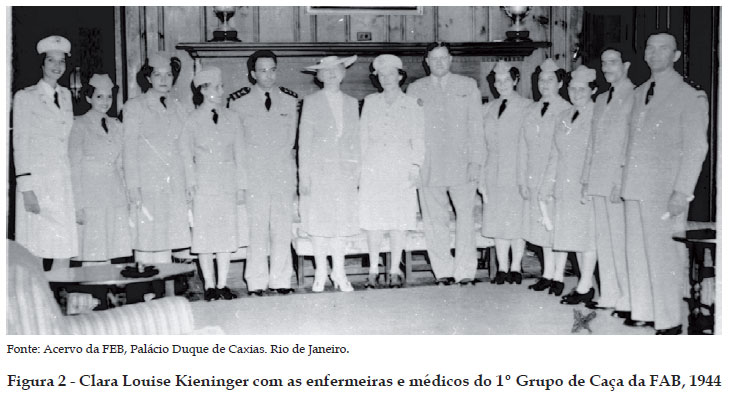 Clara Louise Kieninger com as seis enfermeiras brasileiras e médicos do 1º Grupo de Caça da FAB, em 1944