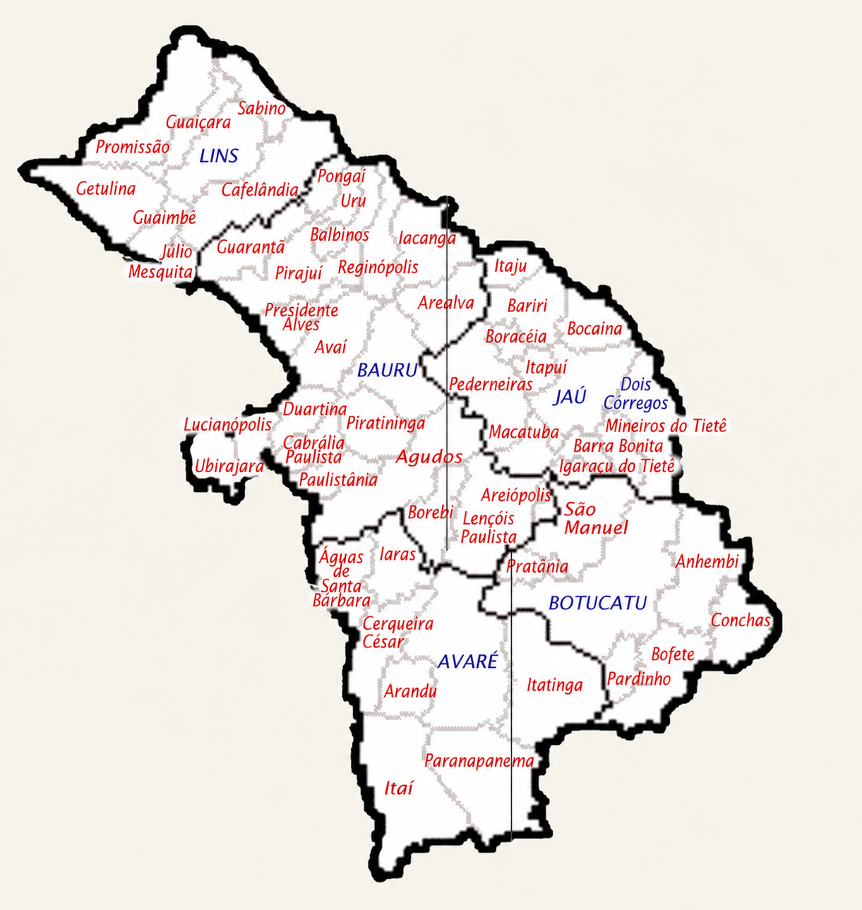 Mapa territorial atualizado da Região 05 com todos os municípios identificados